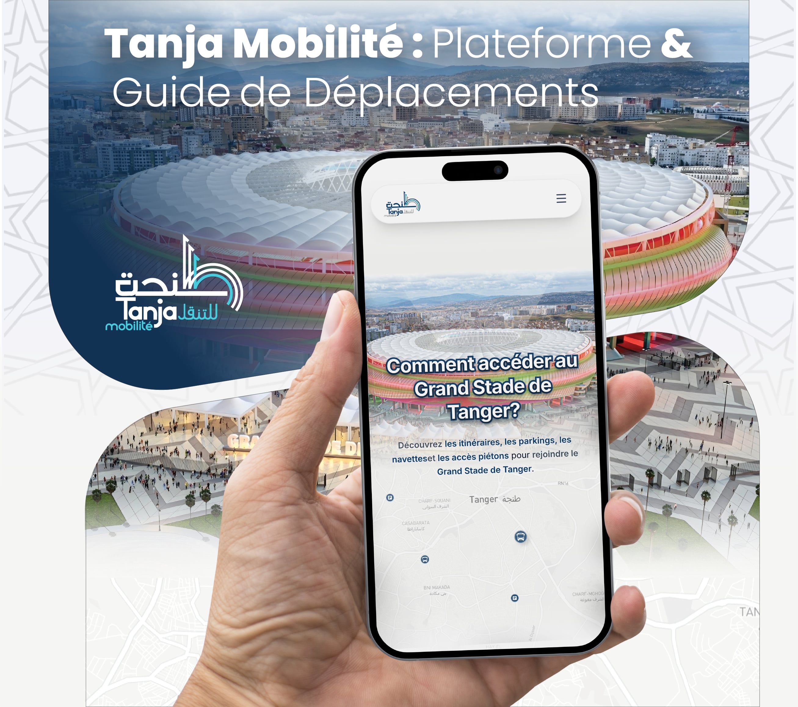 Tanja Mobilité - Plateforme & Guide de Déplacements : Plateforme digitale et guide de mobilité urbaine pour stade de football de Tanger avec cartographie interactive et itinéraires. | Portfolio Brandose Agence Web Maroc