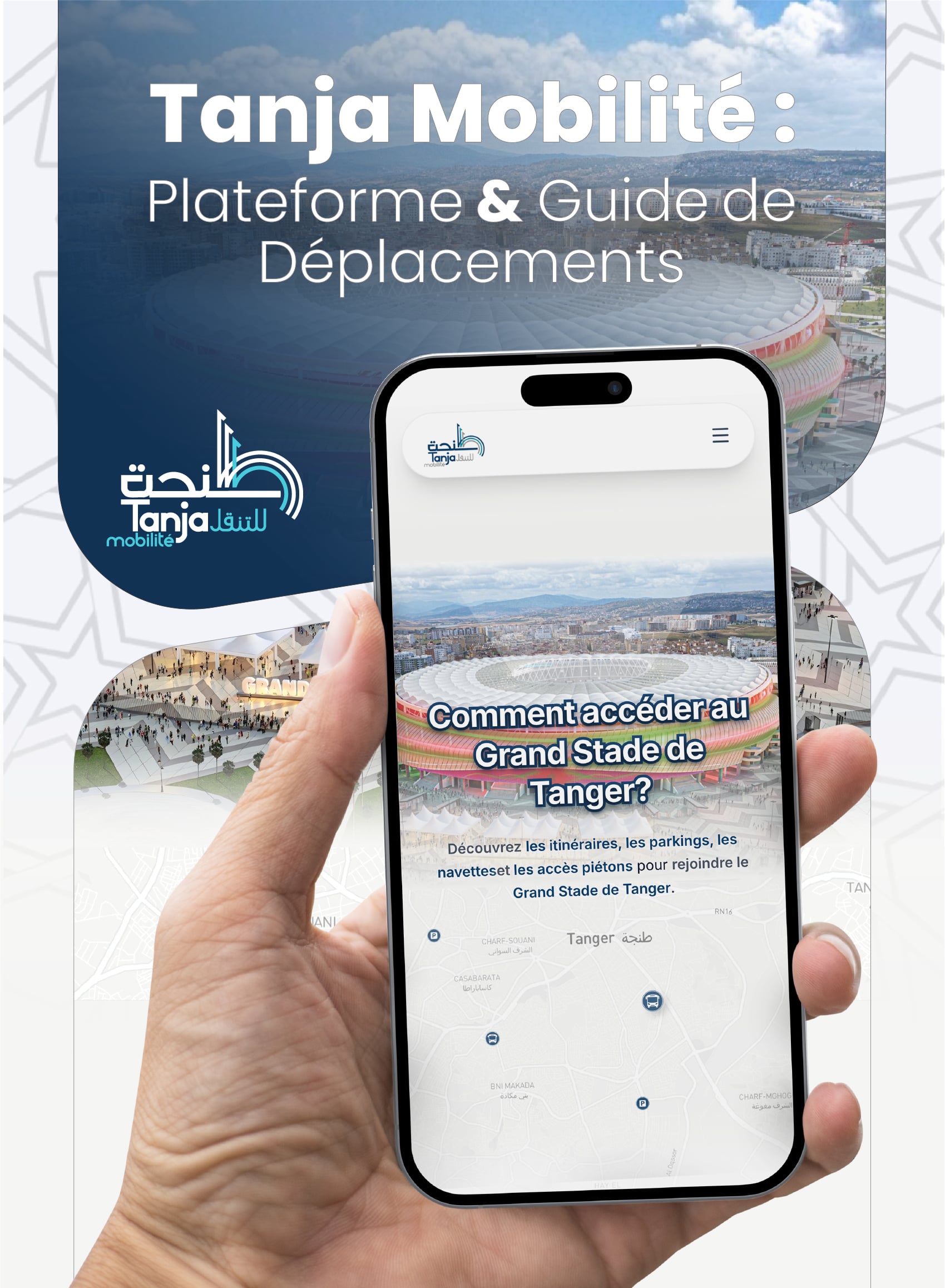 Tanja Mobilité - Plateforme & Guide de Déplacements : Plateforme digitale et guide de mobilité urbaine pour stade de football de Tanger avec cartographie interactive et itinéraires. | Portfolio Brandose Agence Web Maroc